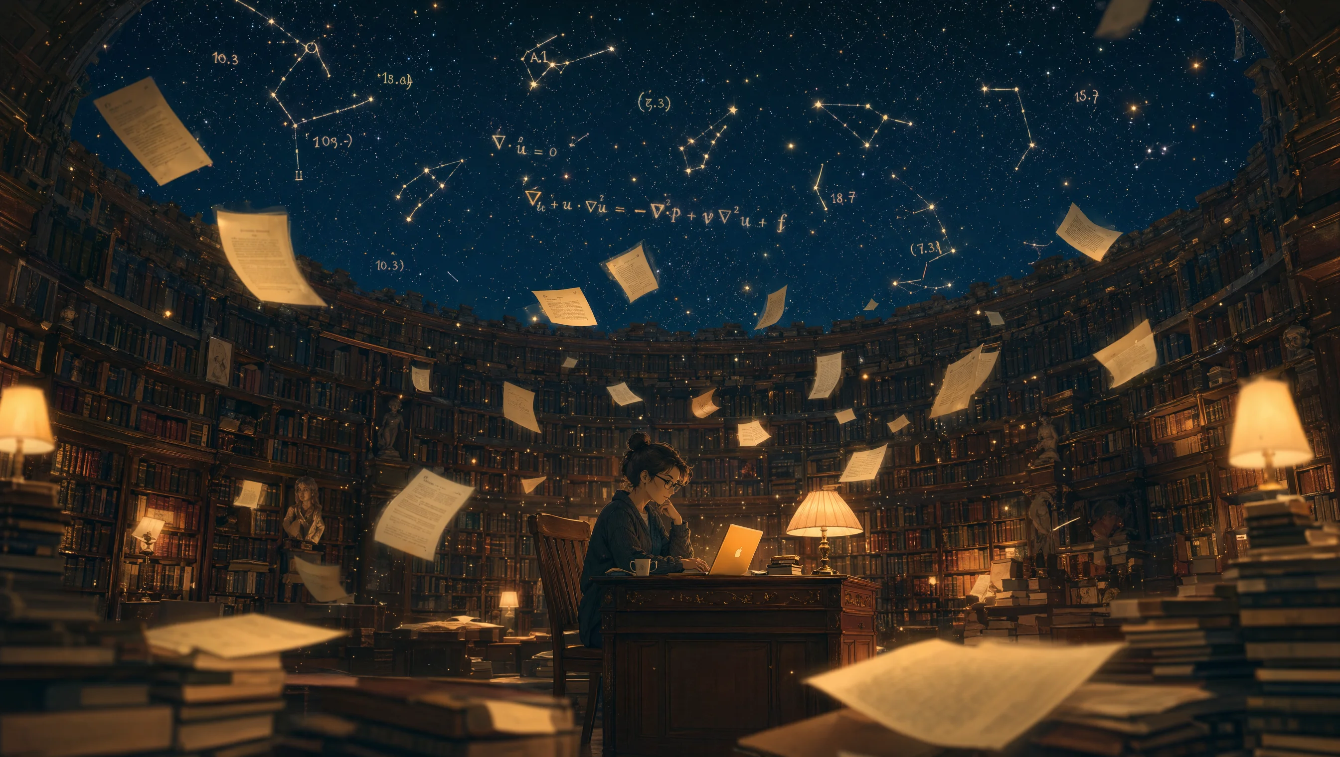 A cinematic view of a gothic university library aisle at night with one lit reading nook