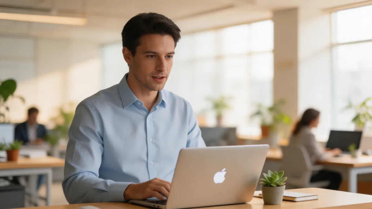 Professional man at a standing desk in a modern office, using voice dictation on his laptop -ADHD workplace accommodation in action
