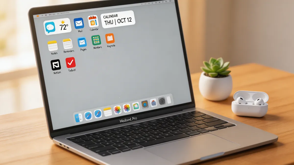 MacBook Pro on a clean wooden desk with productivity apps visible, warm daylight -the ideal ADHD workspace setup