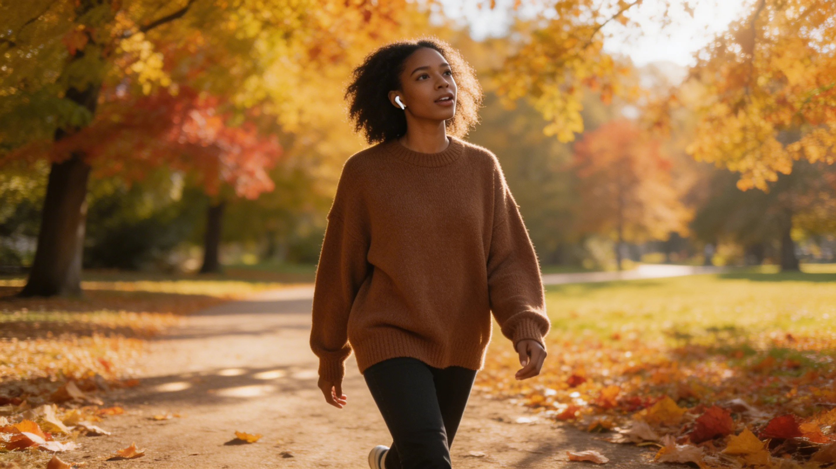 Young woman walking through an autumn park wearing AirPods, looking up thoughtfully while dictating -voice typing on the move for ADHD writers