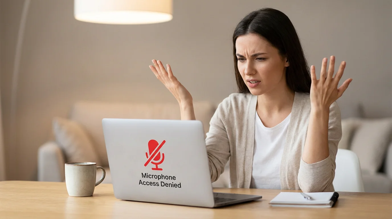 Frustrated woman at a MacBook with Microphone Access Denied error on screen, hands raised in frustration at a clean minimalist desk