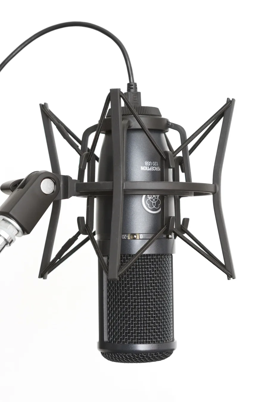 An AKG Perception 120 USB condenser microphone mounted in a shock mount