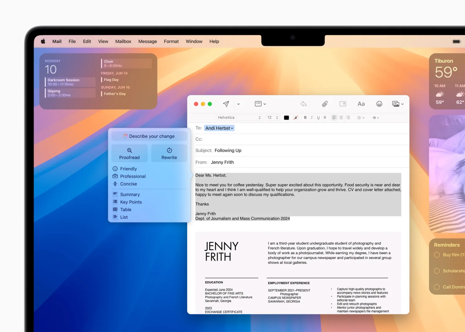 Apple Intelligence Writing Tools menu open on a Mail email, showing Proofread, Rewrite, and tone options