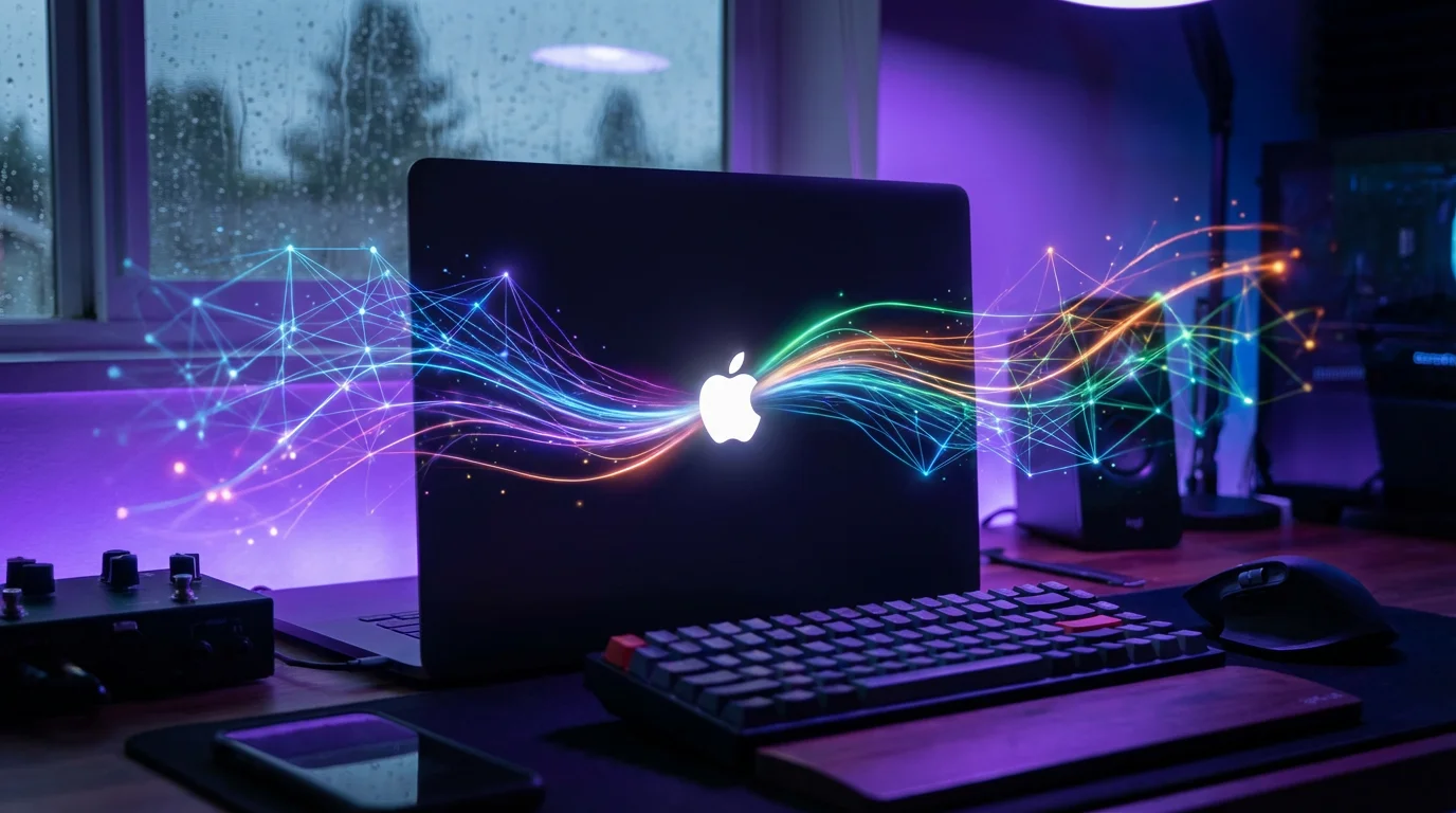 Glowing Apple logo on dark MacBook lid with colorful AI neural network patterns and light trails, purple and blue ambient lighting on moody desk setup