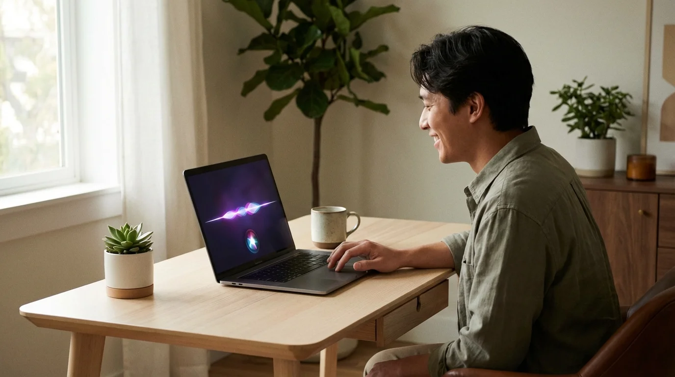 Person using Siri on a MacBook Pro with glowing purple waveform on screen, clean minimalist desk with plant and coffee mug, soft natural window light