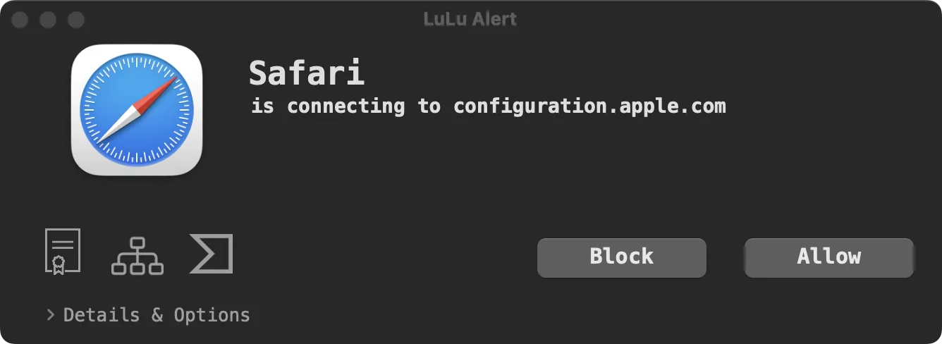 LuLu macOS firewall connection alert prompting the user to allow or block an outgoing network connection