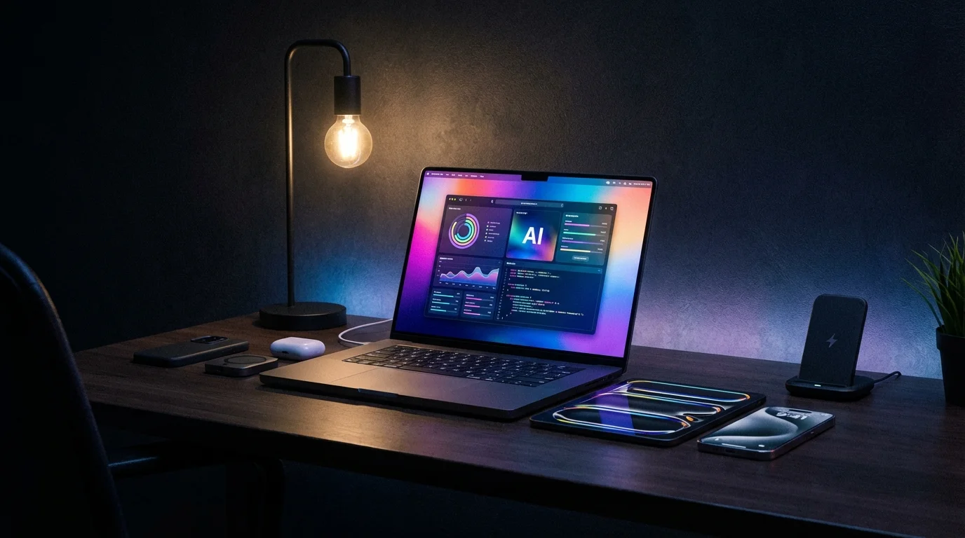 Dark moody desk setup with MacBook Pro, iPad, and iPhone displaying colorful AI interfaces, warm desk lamp with blue and purple ambient lighting