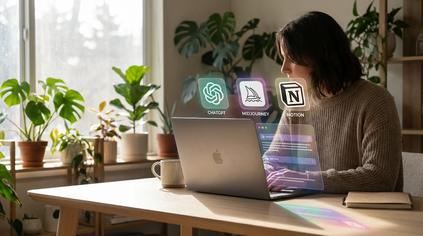 Person sitting at a clean modern desk with a MacBook surrounded by floating holographic AI app icons, warm natural window light with indoor plants