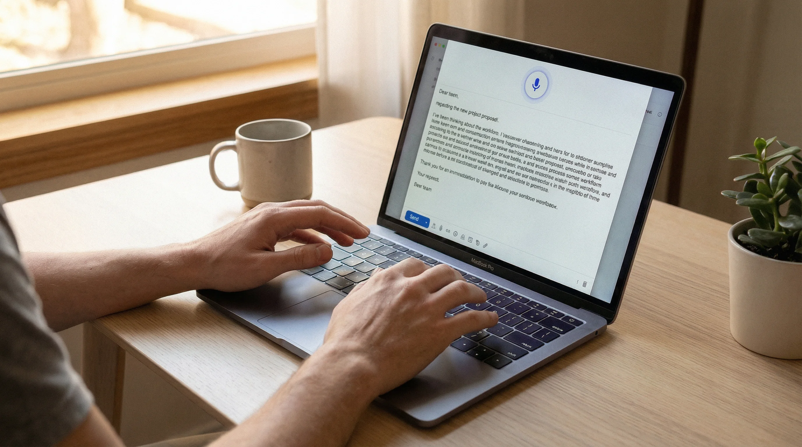 AI dictation composing an email on MacBook with microphone icon