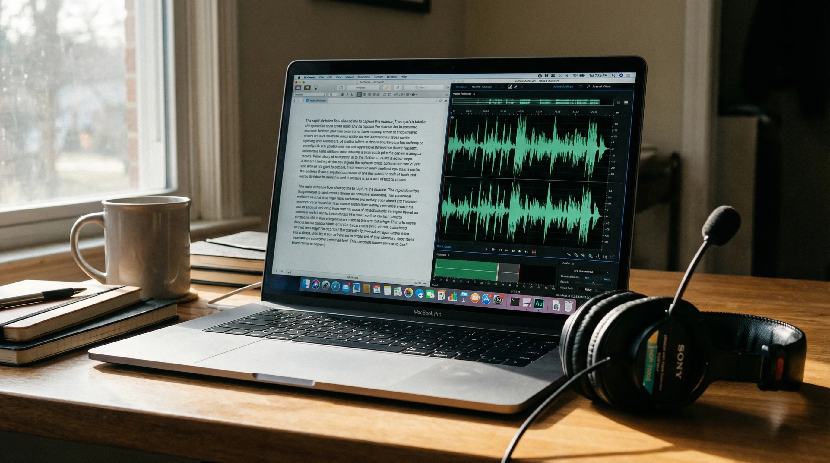MacBook Pro split screen showing a dictated document and audio waveforms with Sony headset on desk -professional AI dictation workflow