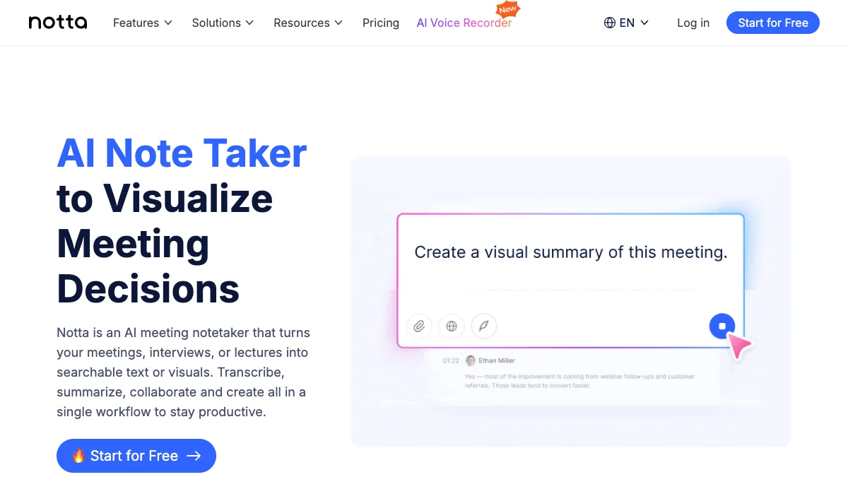 Notta.ai homepage — AI note taker for meeting transcription with visual summaries