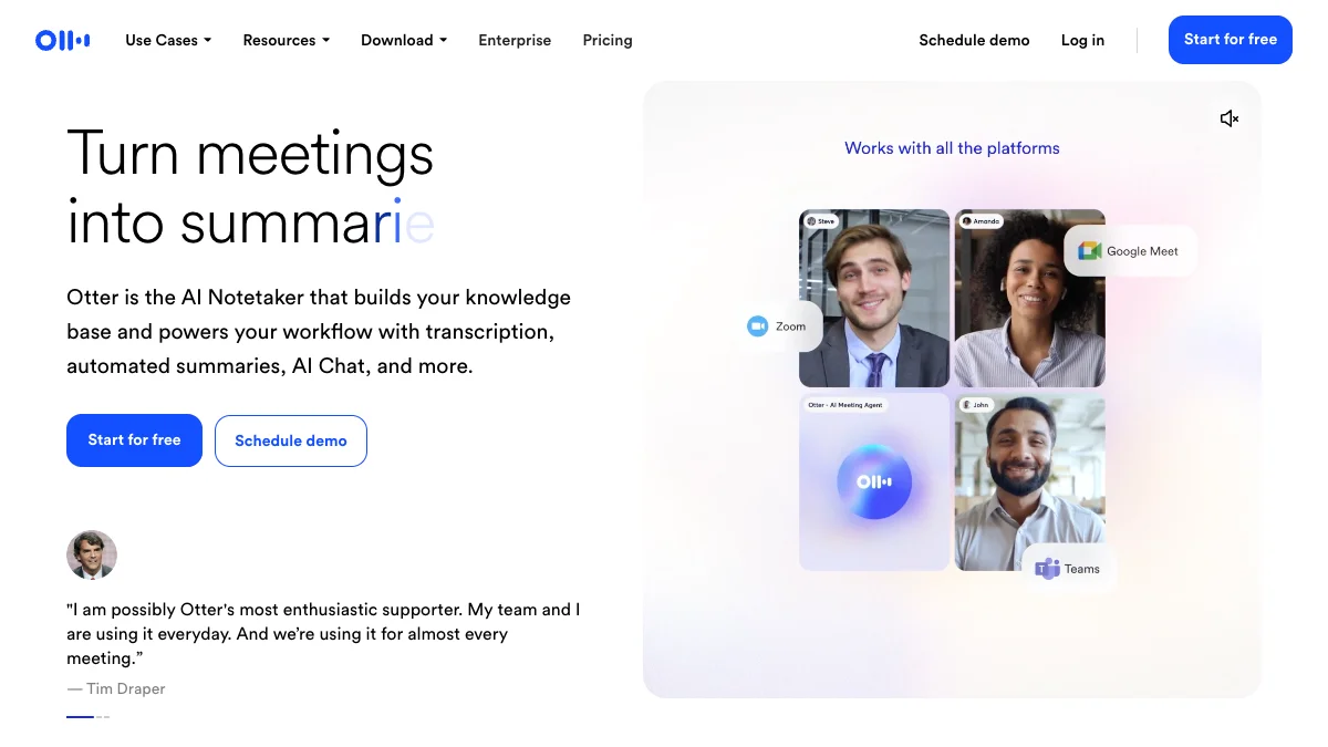 Otter.ai homepage — AI meeting notetaker with transcription, summaries, and Zoom integration