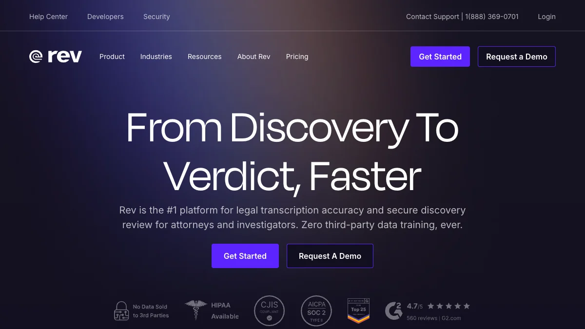 Rev.com homepage — #1 speech-to-text platform for legal transcription and secure discovery