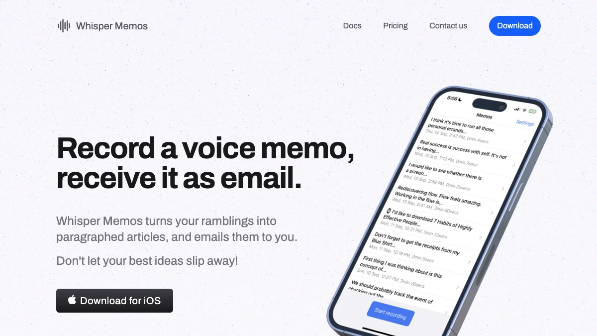 Whisper Memos homepage — record a voice memo and receive it as organized email on iPhone