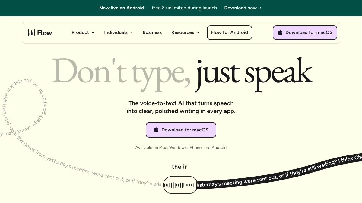 Wispr Flow homepage — don't type, just speak, voice-to-text AI for polished writing in every app