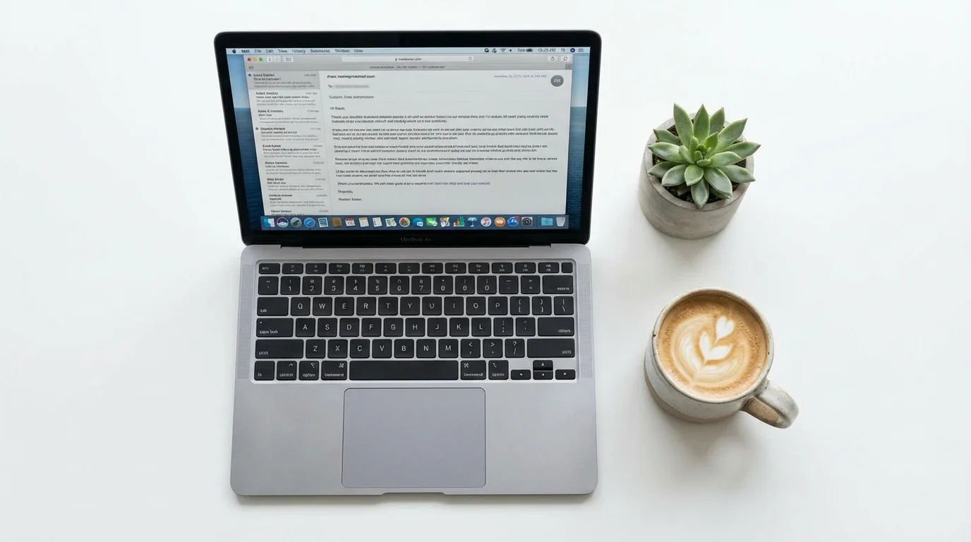 MacBook Air on a clean white desk with coffee and succulent plant, showing an email being composed