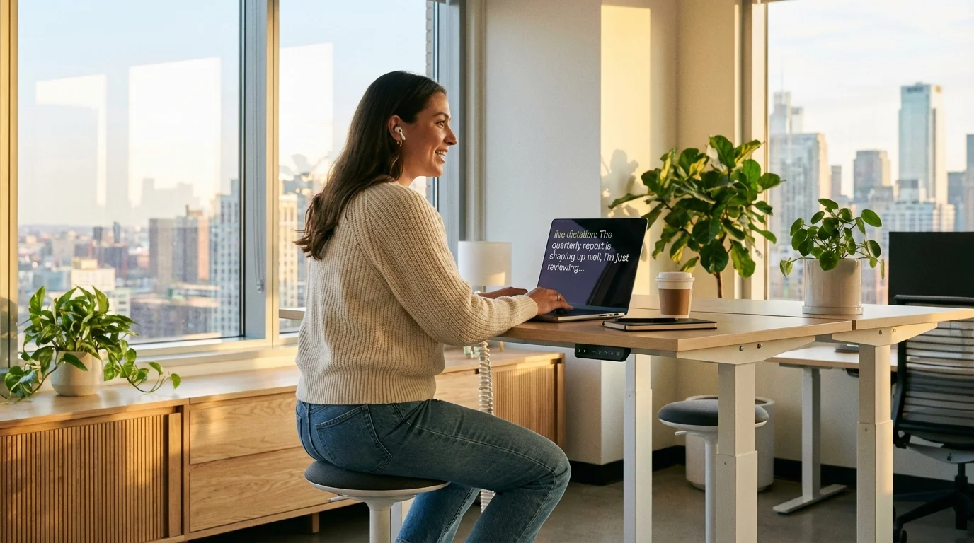 Woman speaking naturally at a standing desk in a bright modern office with city view, using dictation on her MacBook