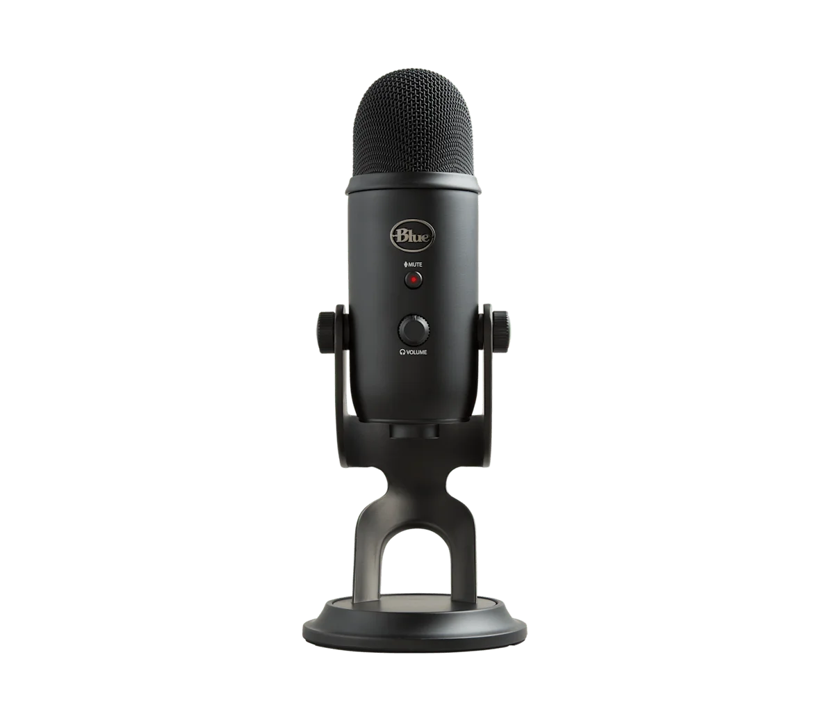 Blue Yeti USB microphone in Blackout finish — front view, showing the cardioid grille, mute button, volume knob, and pivoting stand