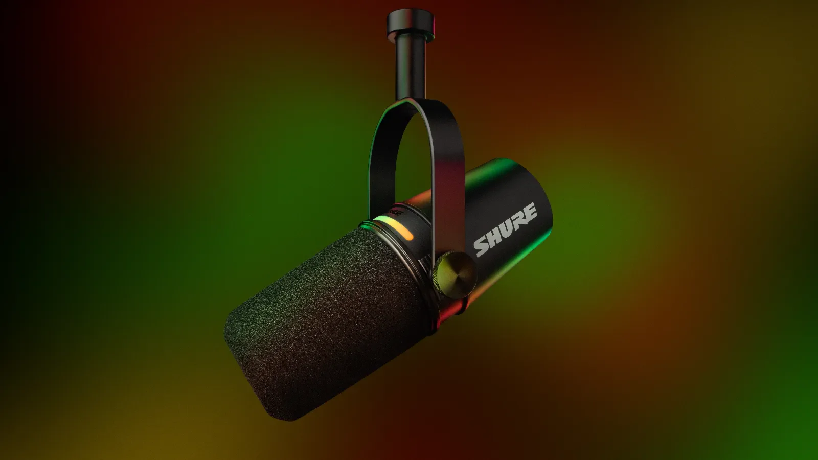 Shure MV7+ dynamic podcast microphone in black, with the customizable LED touch panel illuminated — broadcast-style cardioid microphone for voice recording and dictation