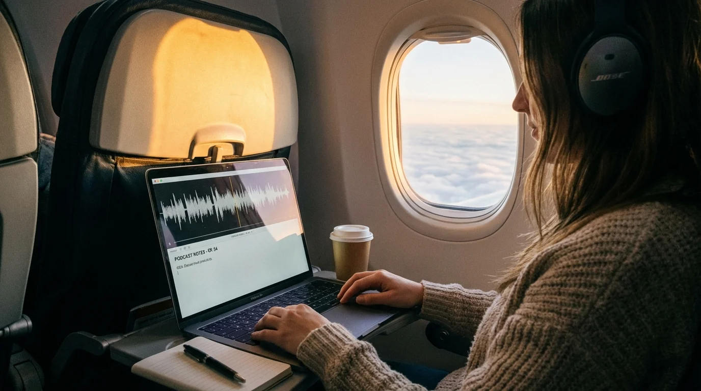 Person working on a MacBook at an airplane window seat with voice waveform on screen, clouds visible through the window, warm cabin lighting with coffee cup on tray table