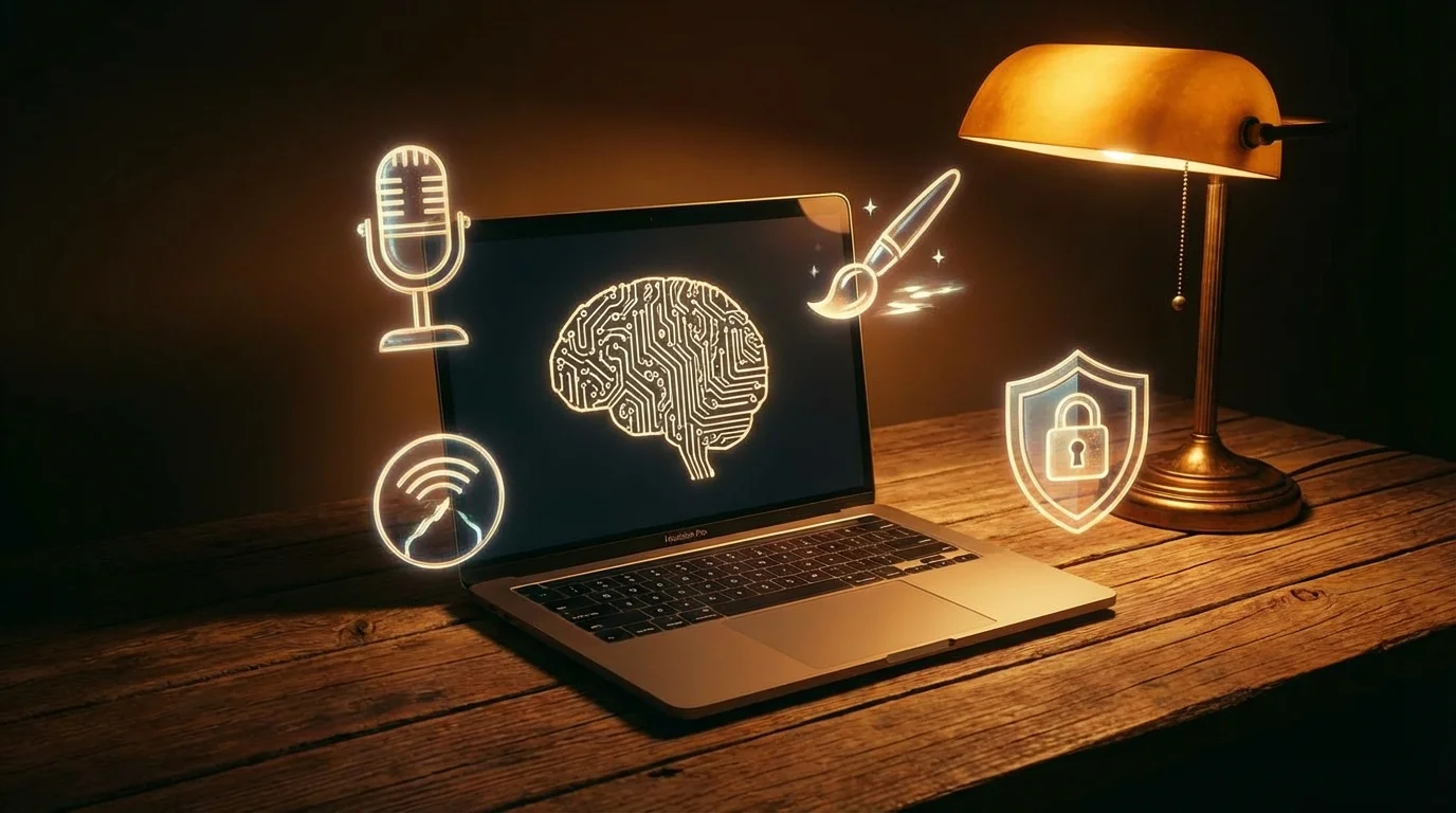 MacBook Pro on wooden desk surrounded by floating holographic icons of a microphone, brain, paintbrush, and lock shield representing offline AI tools, warm amber desk lamp, dark cinematic background