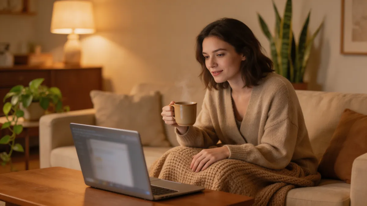 Woman on a cozy couch with a warm mug, speaking toward a laptop -using voice dictation on a low-energy day