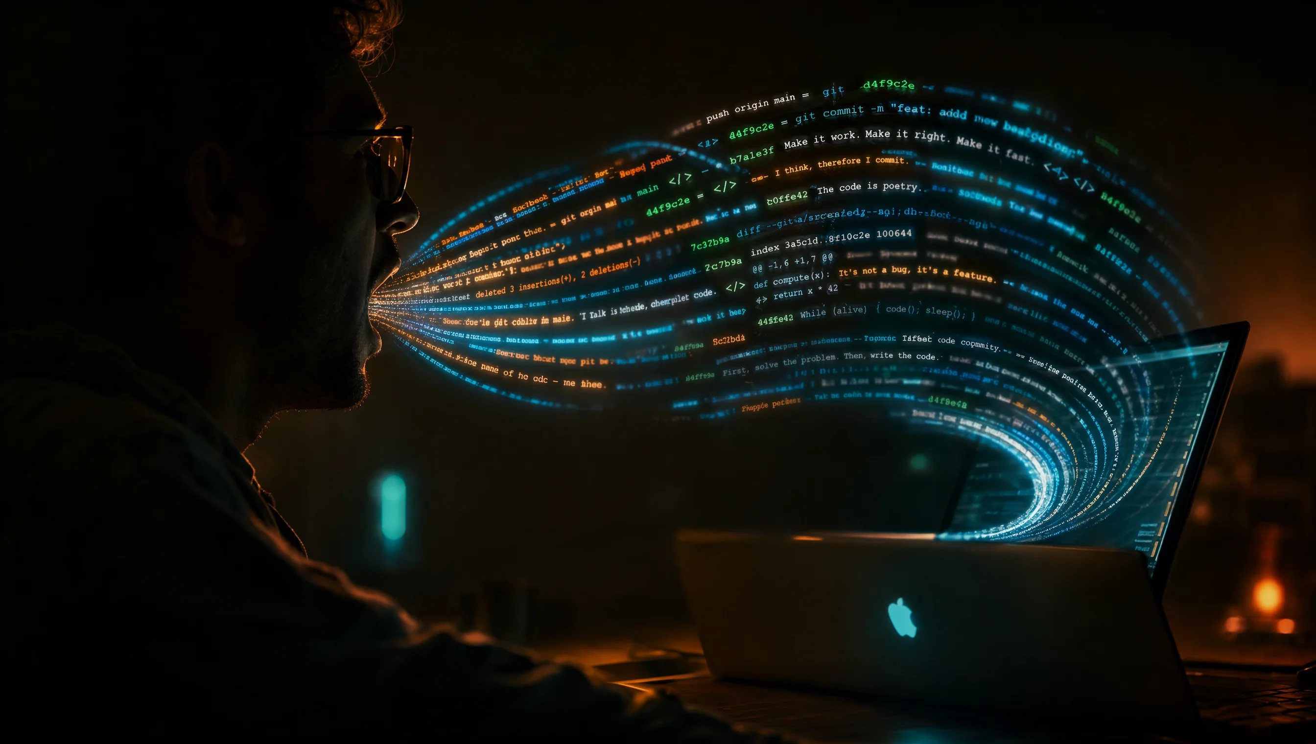 A developer speaking into a small microphone with code on screen, moody lighting