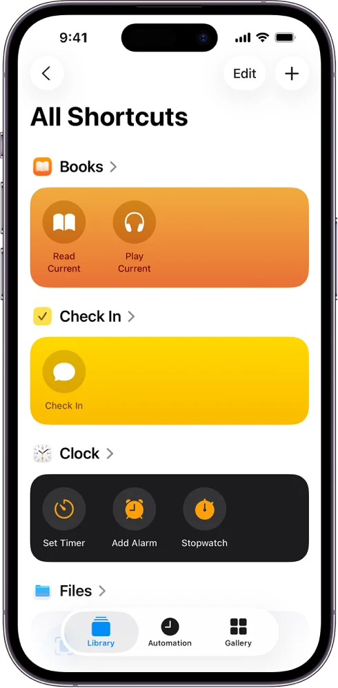 iOS Shortcuts app showing the All Shortcuts library with categorized quick actions — Apple's official product image of the Shortcuts gallery, used to set up a one-tap voice recording shortcut for the commute writing workflow