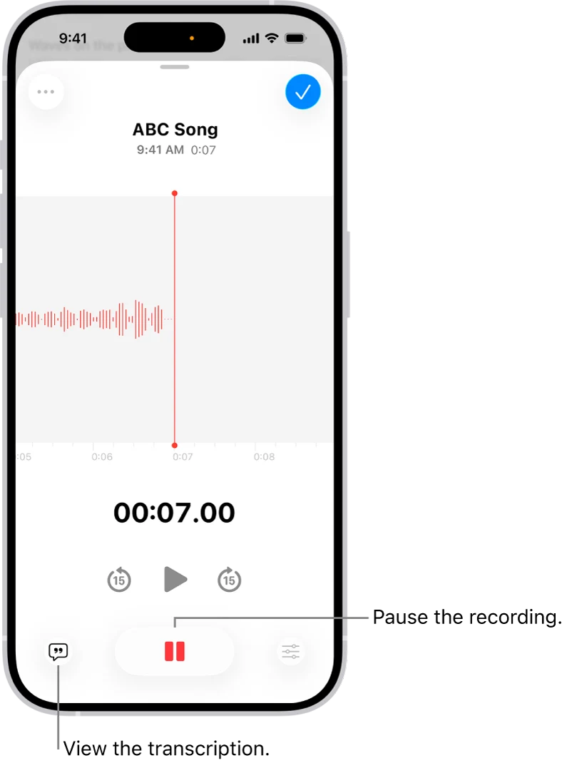 iPhone Voice Memos app screenshot showing an active recording with red waveform and transcription button — Apple's official product image of the recording interface used for capturing dictation while driving