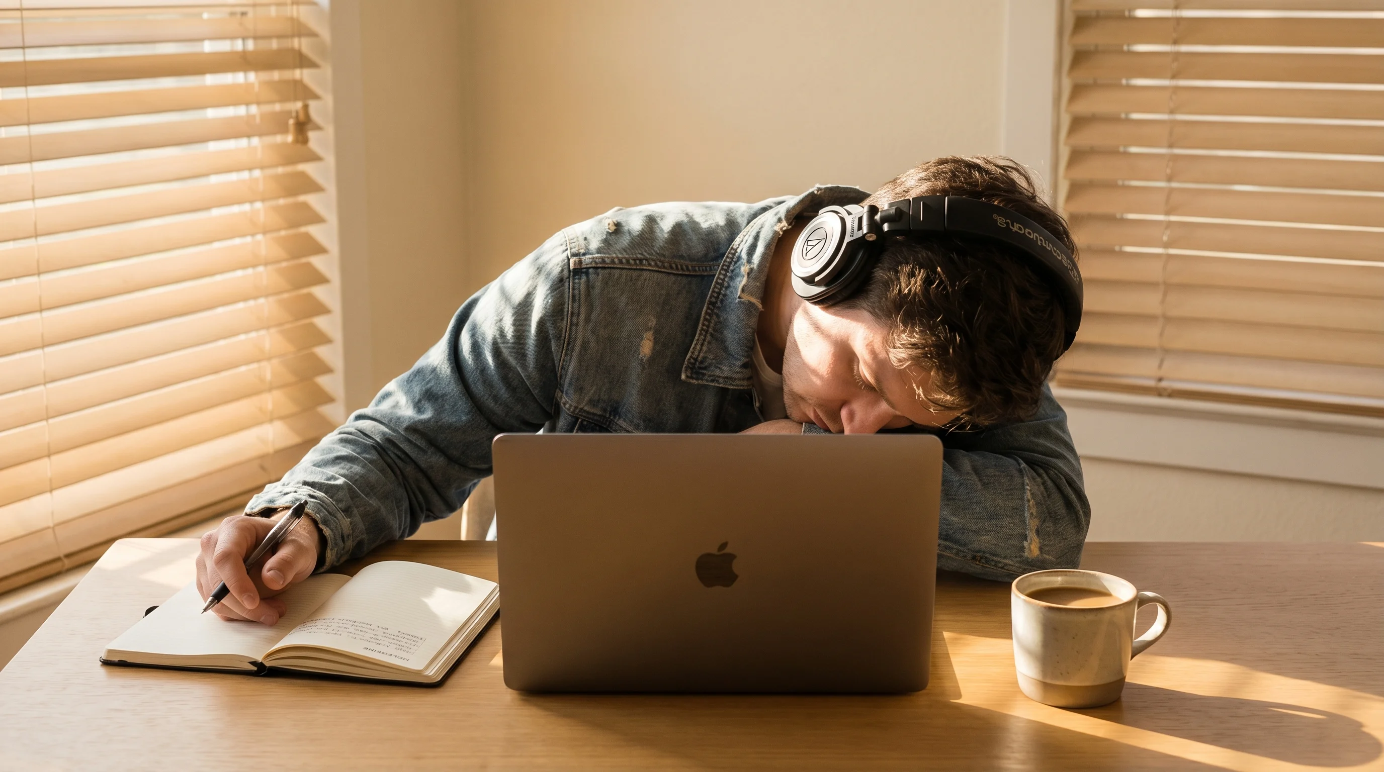 A journalist reviewing audio on a MacBook with headphones