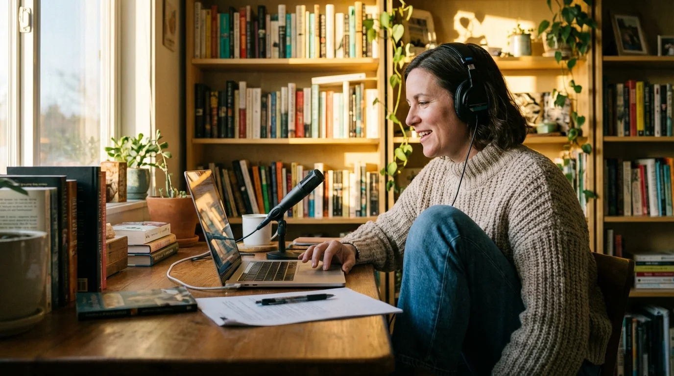 Professional writer dictating into a MacBook at a cozy home office with headphones and desk microphone, warm golden hour light with bookshelves in background