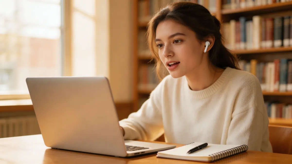 Student using voice dictation on a MacBook in a library, speaking naturally while text appears on screen -dyslexia assistive technology in action