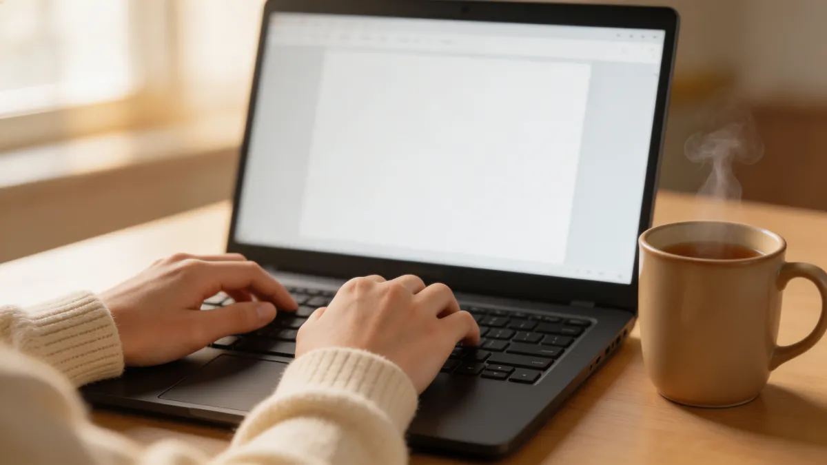 Close-up of hands resting on a laptop keyboard with a blank screen -the initiation barrier of executive dysfunction
