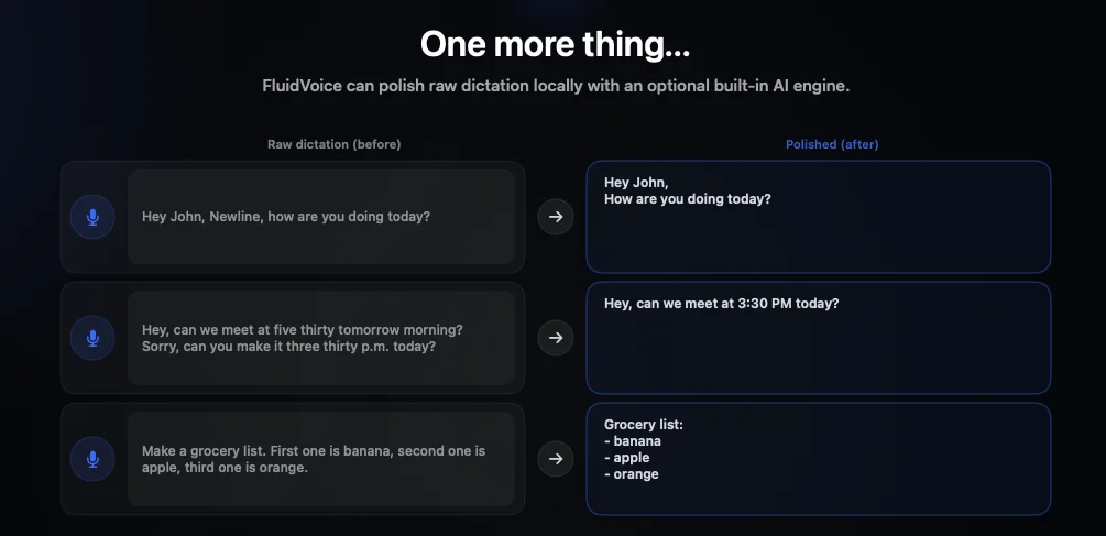FluidVoice onboarding screen showing raw dictation on the left and Fluid Intelligence polished output on the right, including a corrected meeting time and a formatted grocery list