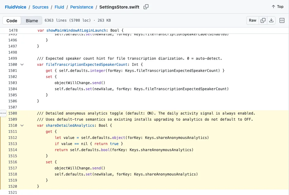 GitHub view of FluidVoice SettingsStore.swift lines 1508 to 1520, a comment reading Detailed anonymous analytics toggle default ON, the daily activity signal is always enabled