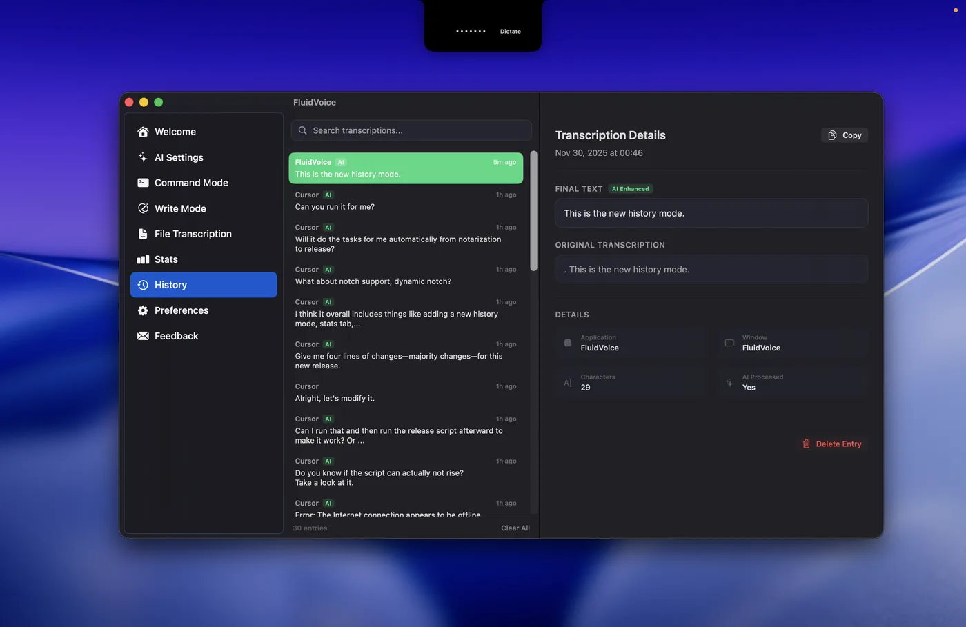 FluidVoice History window listing past dictations by app, with a detail pane showing the AI-enhanced final text beside the original transcription