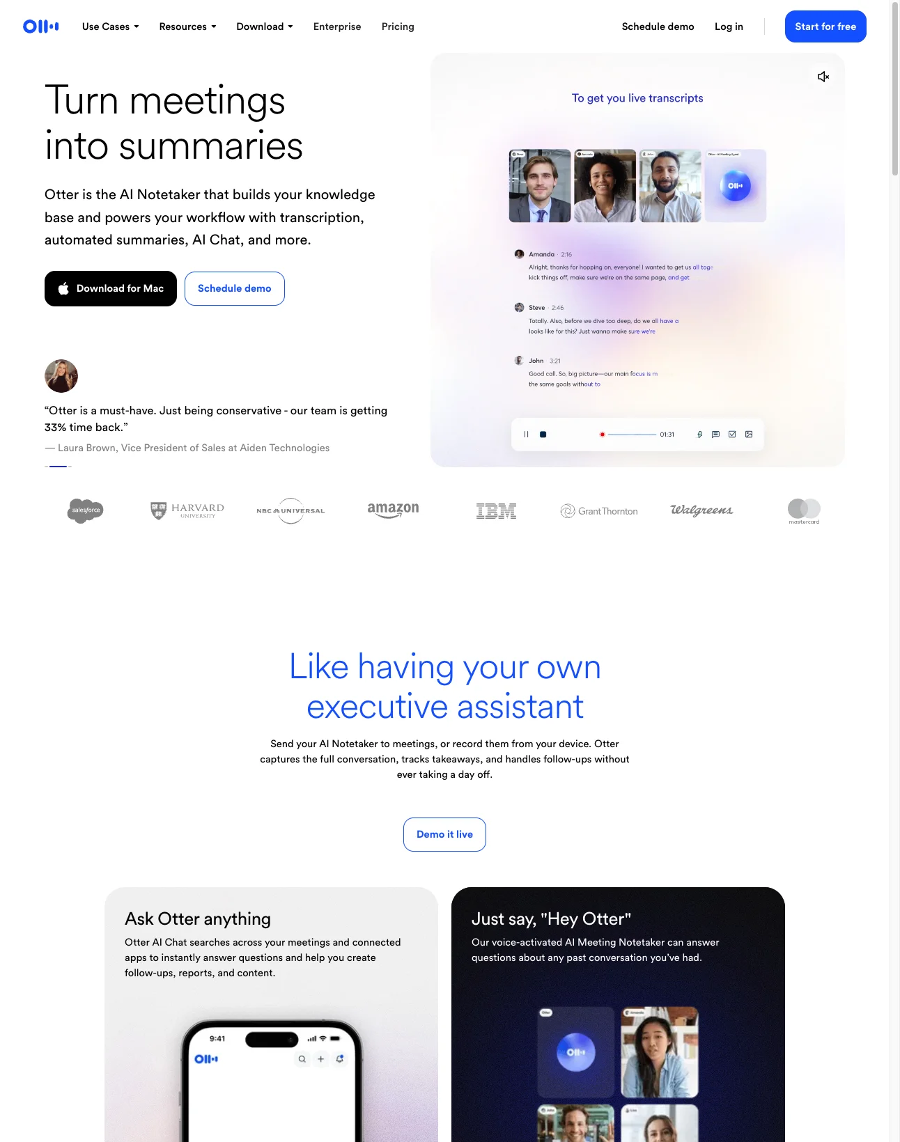 Otter.ai homepage showing AI meeting notetaker with live transcription, automated summaries, and team collaboration features