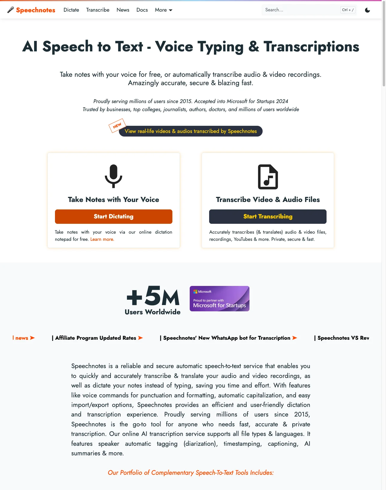 Speechnotes homepage showing free online speech-to-text dictation notepad and audio transcription service
