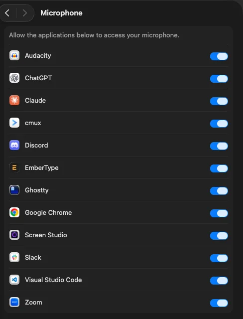 macOS System Settings, Privacy and Security, Microphone, listing apps allowed to use the microphone, with Google Chrome and EmberType switched on
