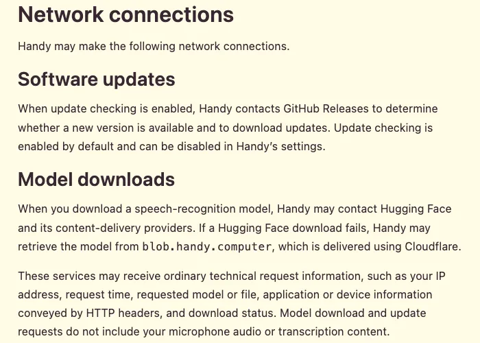 Handy privacy policy Network connections section covering software updates via GitHub Releases enabled by default, and model downloads from Hugging Face with a blob.handy.computer fallback on Cloudflare