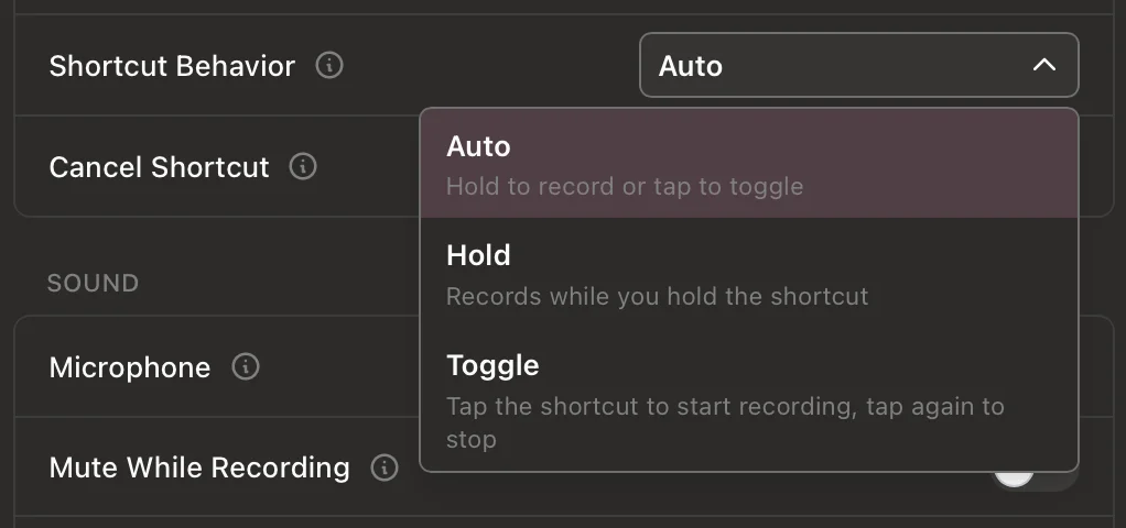 Handy settings panel showing the Shortcut Behavior menu with three options: Auto, hold to record or tap to toggle; Hold, records while you hold the shortcut; Toggle, tap to start recording and tap again to stop