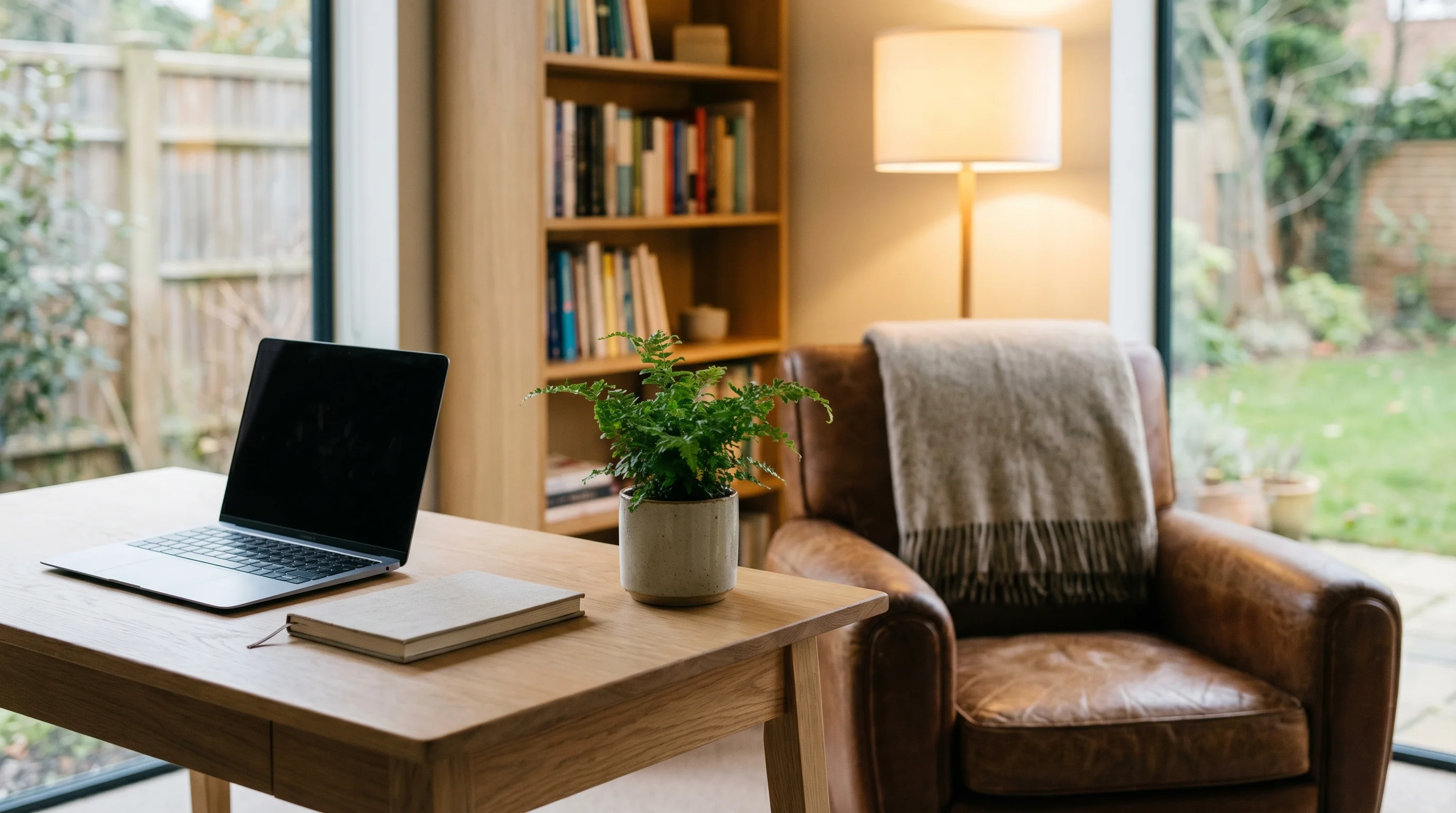 A therapist's calm private office with a MacBook on a wooden desk