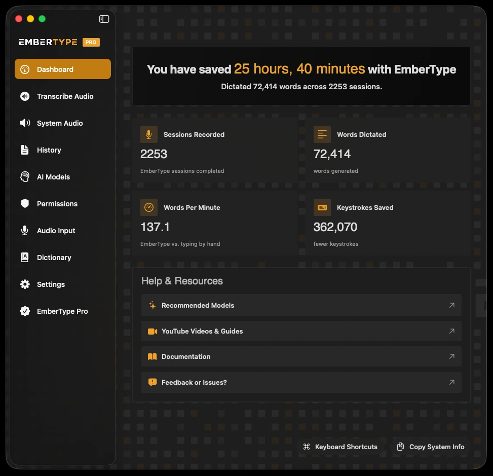 EmberType dashboard on a Mac showing sessions recorded, words dictated, words per minute and keystrokes saved