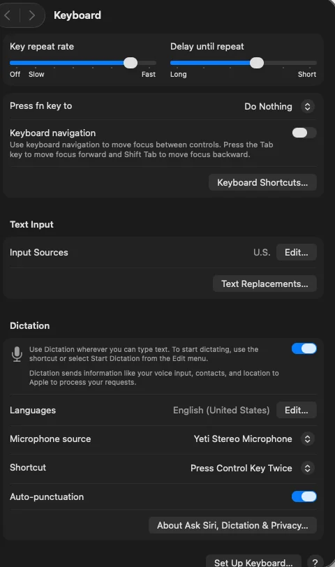 macOS 26 Keyboard settings with Dictation switched on, English (United States), a Yeti microphone selected and the shortcut set to press Control key twice