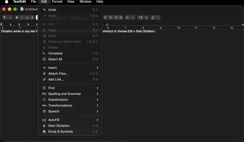 The Edit menu of a Mac app showing Start Dictation with the fn D shortcut
