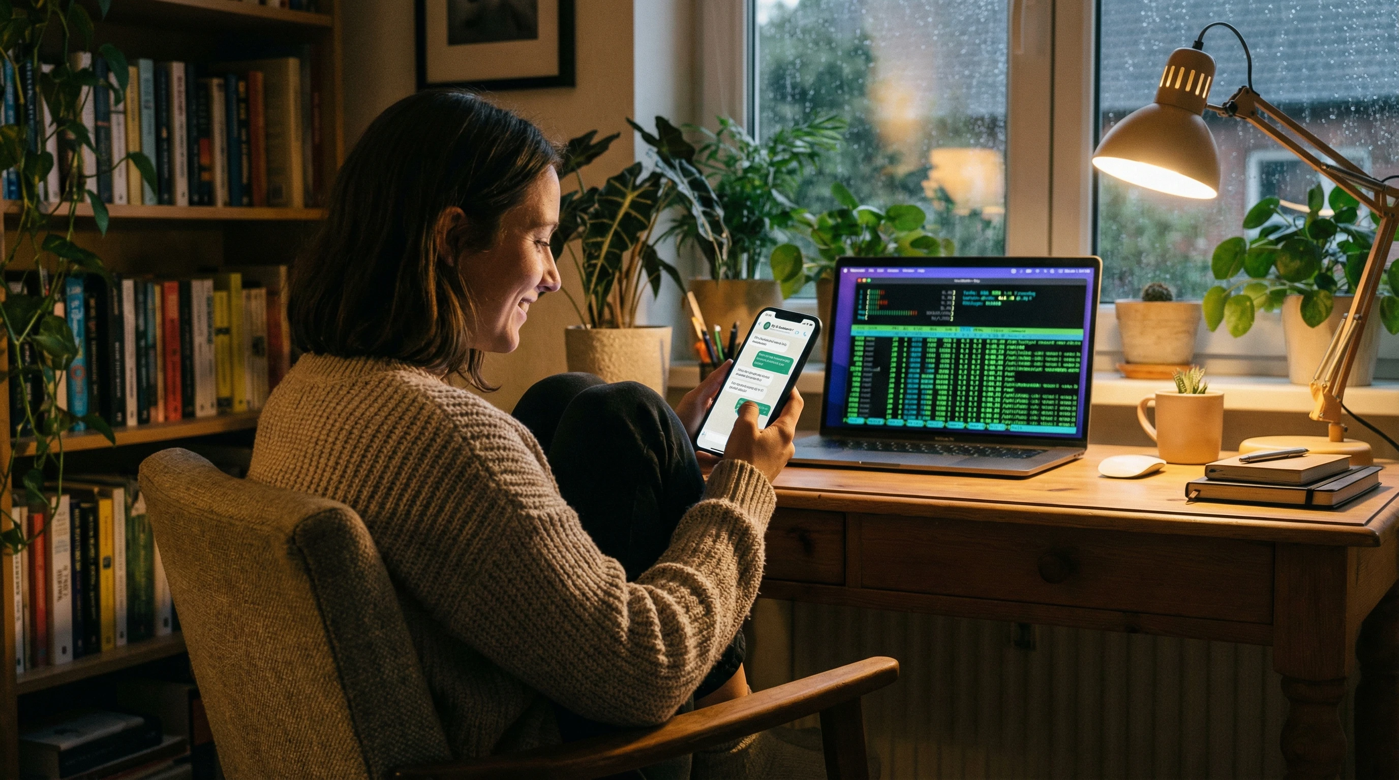 Person at a home office desk looking at their phone showing an AI chat conversation, with MacBook running in the background