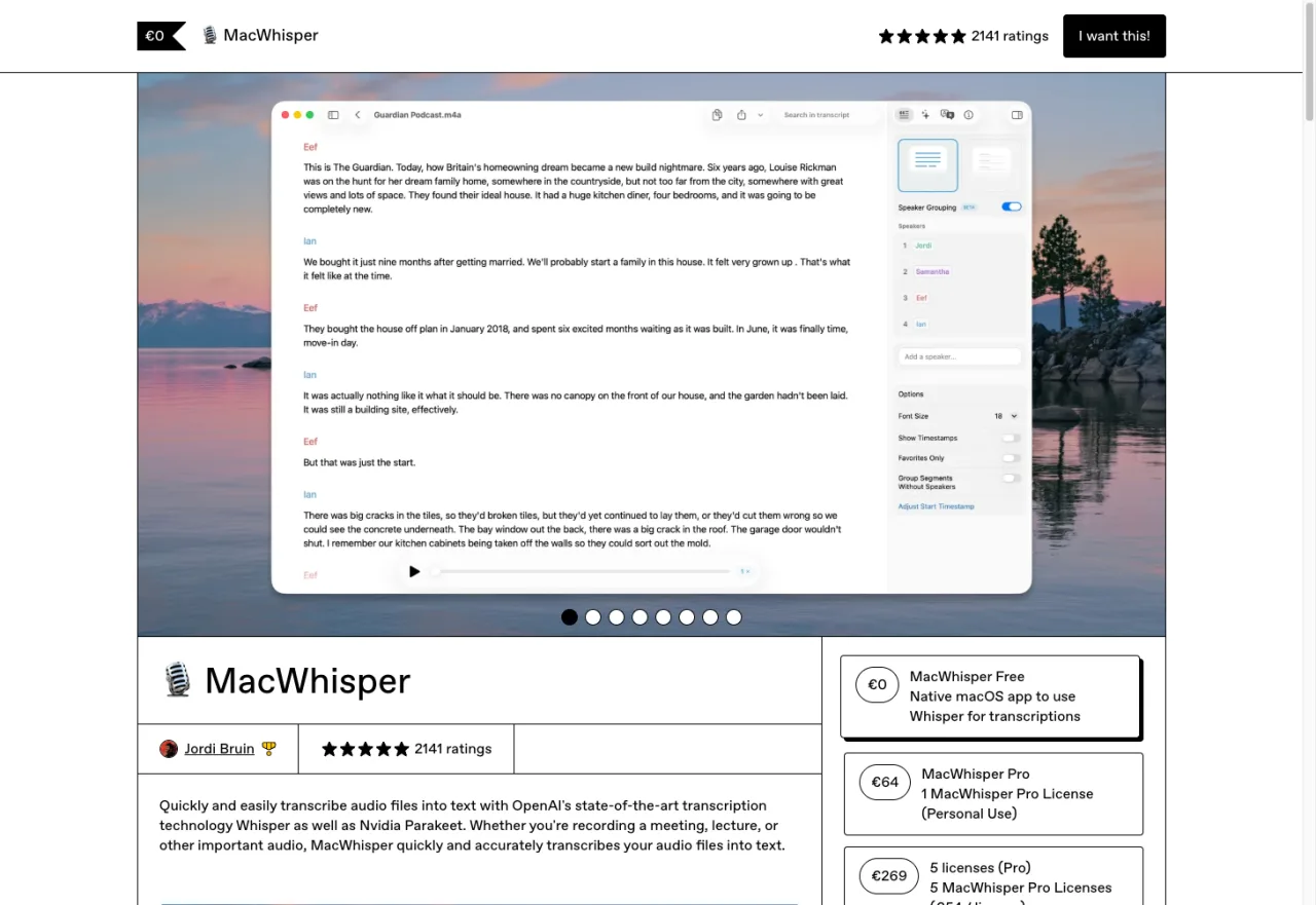 MacWhisper Pro product page — $79.99 one-time Mac transcription app