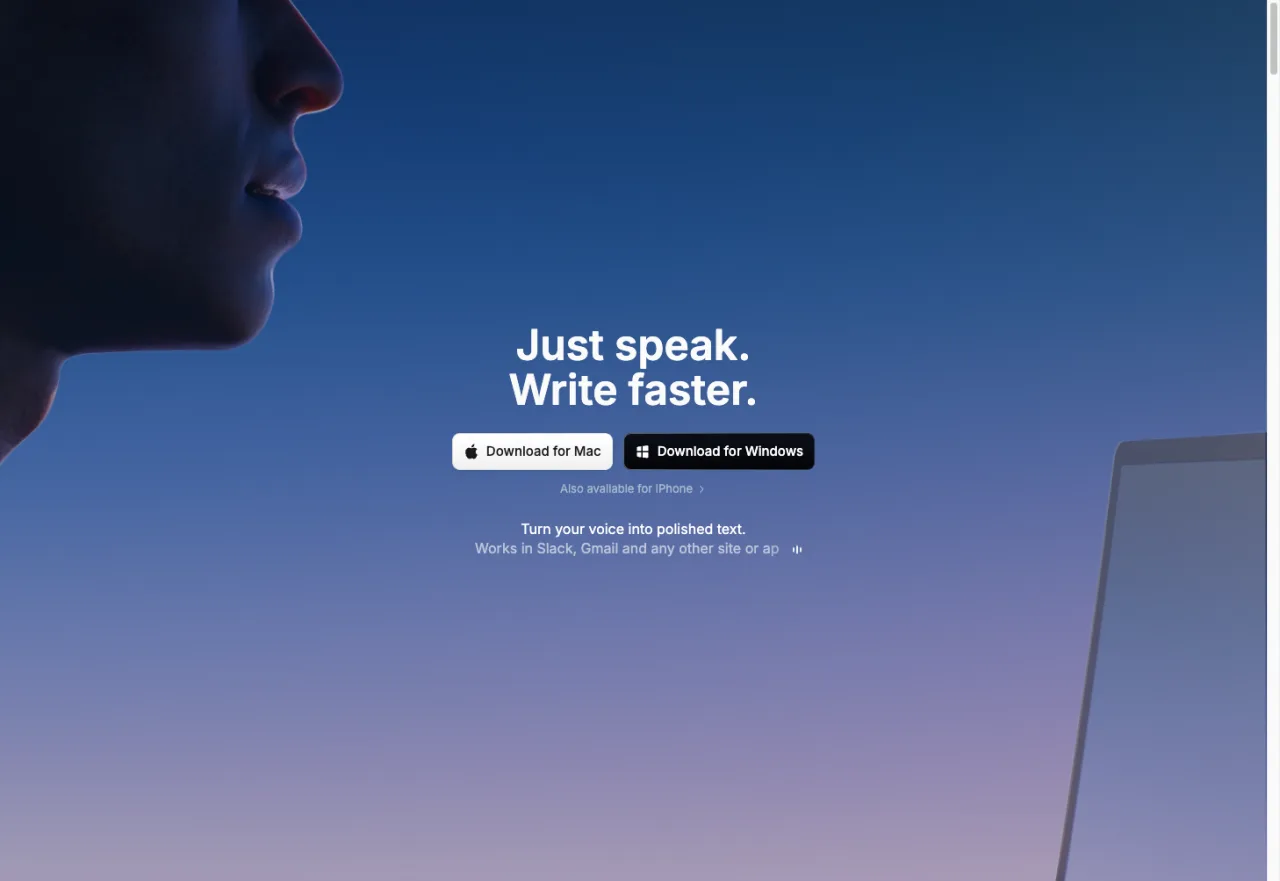 SuperWhisper homepage — Mac dictation app with subscription and one-time pricing options