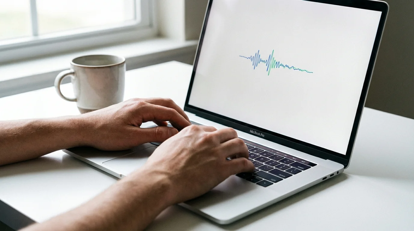 Close-up of hands typing on a MacBook keyboard with audio waveform visualization on screen, clean white desk with coffee mug in soft daylight