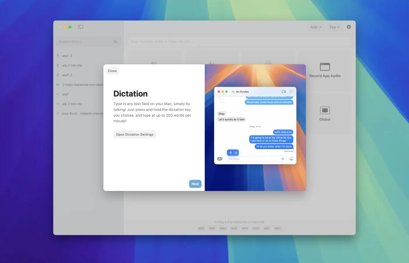 MacWhisper Dictation setup screen reading type in any text field on your Mac by talking, beside a Messages window